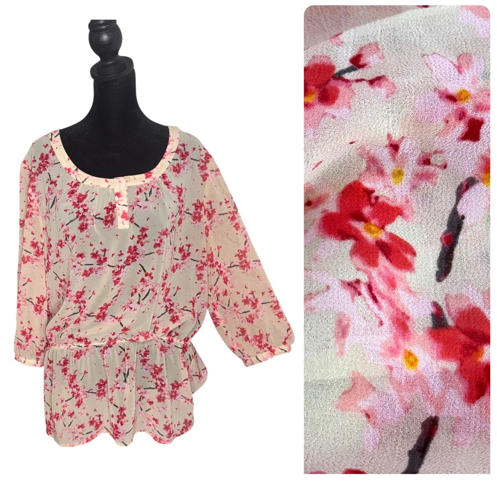 Banana Republic Heritage Floral Cherry Blossom Chiffon Peplum Blouse Size L Pink